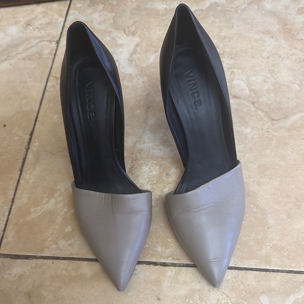 Vince Black and Taupe Leather Heels with Pointed Toe